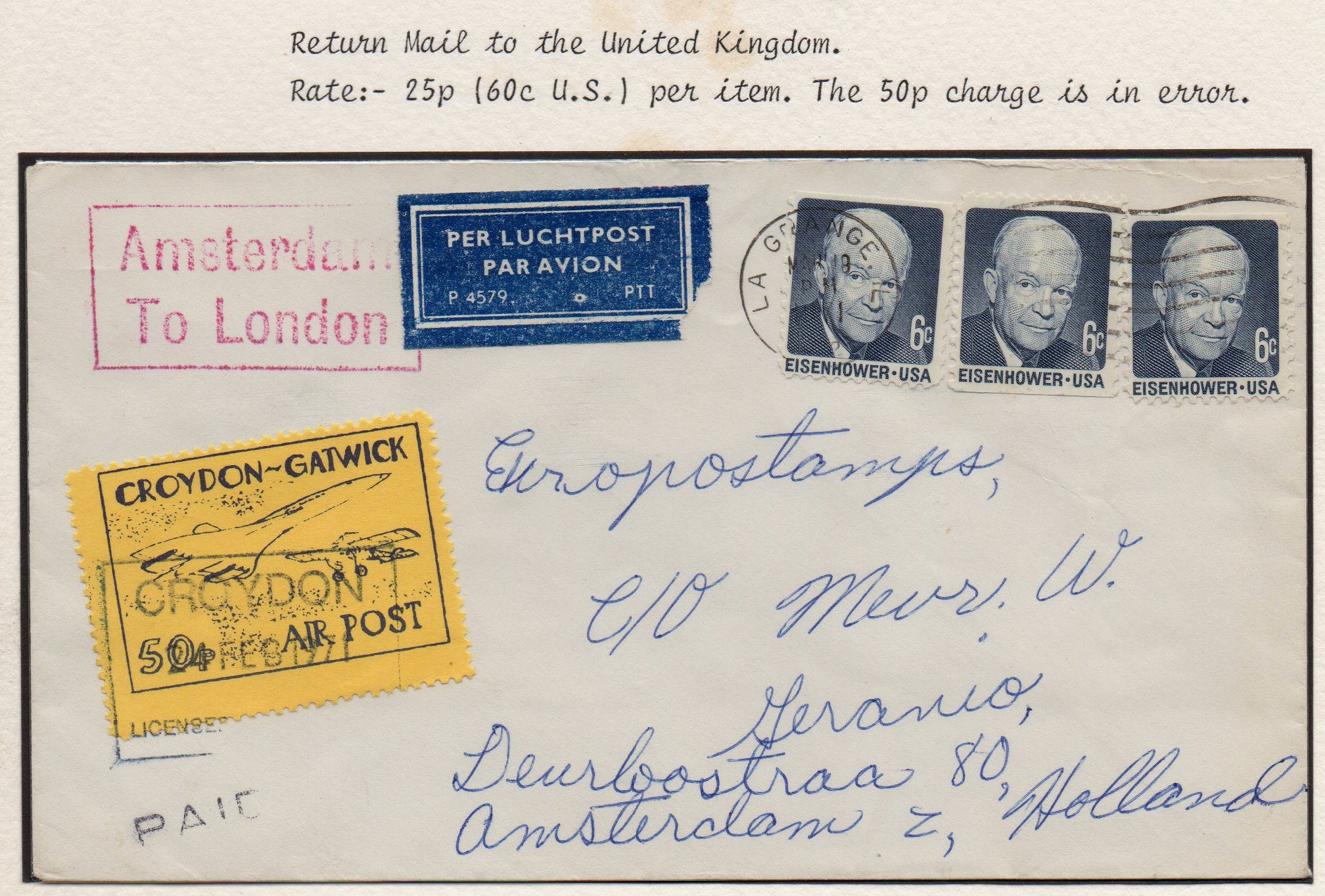 USA cover franked 6c Eisenhower x 3, sent via Amsterdam agent of the Croydon-Gatwick UK Postal Strike to the UK, franked with Croydon Gatwick 50p Concorde stamp February 24th 1971